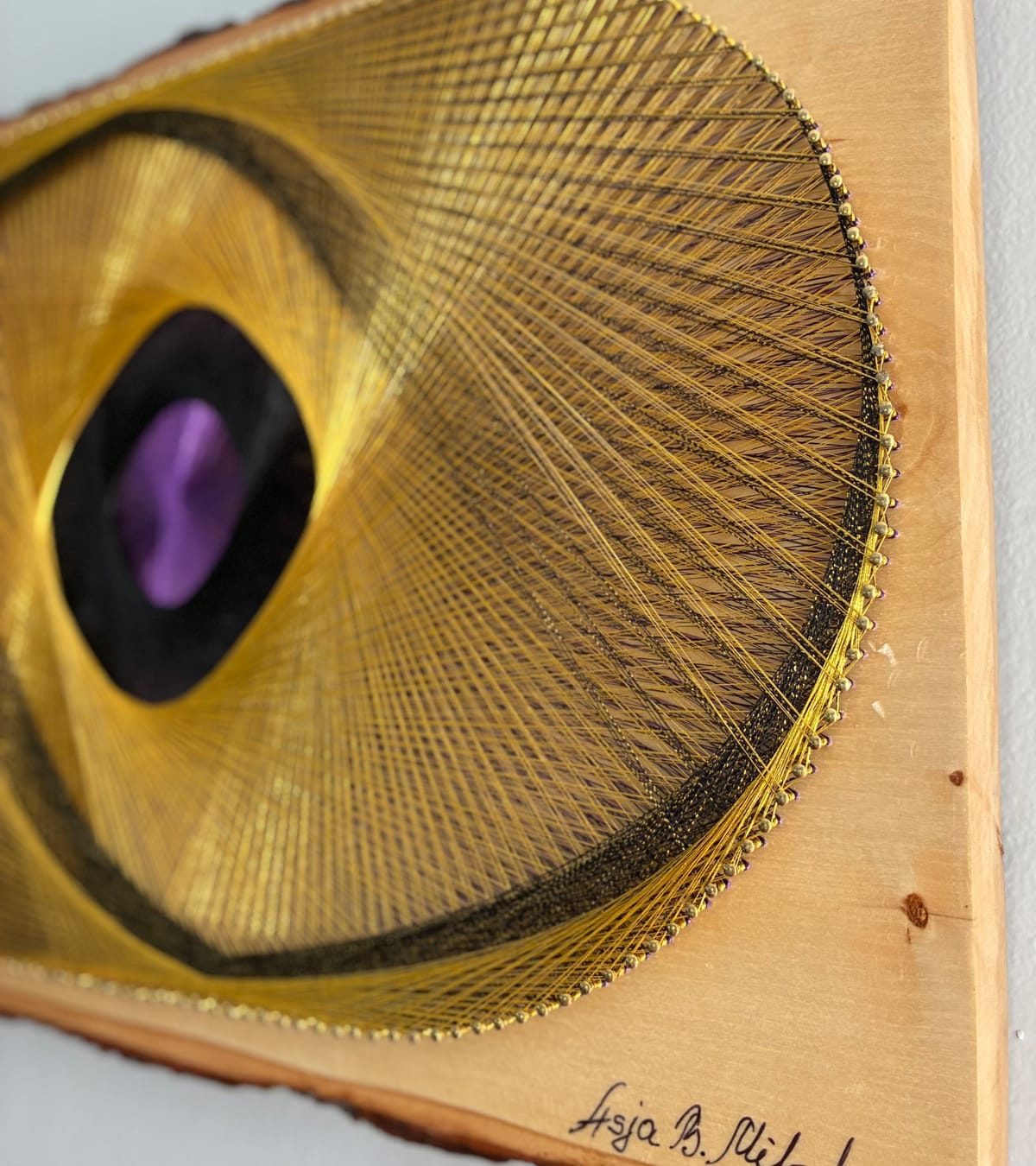 Violet Orbit String Art - Gold, Black & Purple Live-Edge Design, detail view 6 — handmade string art by Asja