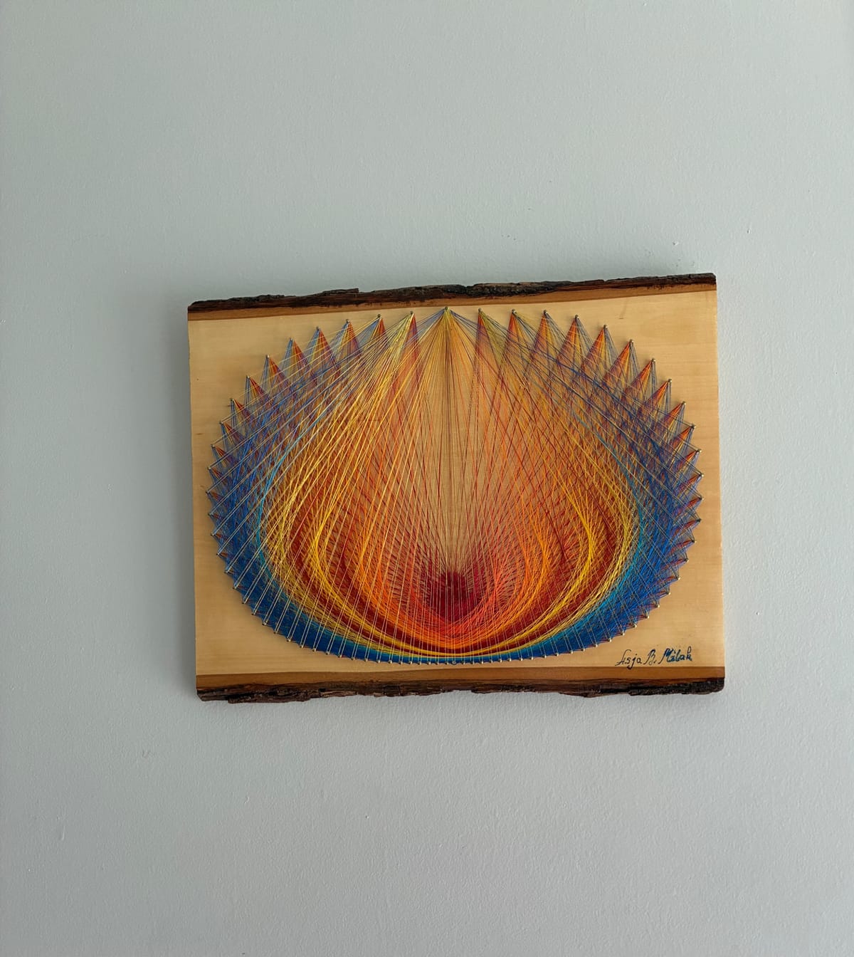 Nature-Inspired String Art - Golden Bloom in Blue & Orange, detail view 2 — handmade string art by Asja