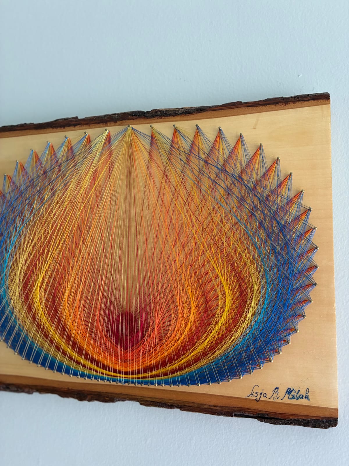 Nature-Inspired String Art - Golden Bloom in Blue & Orange, detail view 3 — handmade string art by Asja