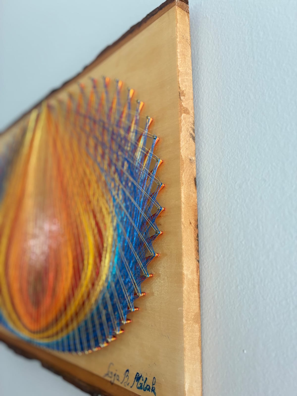 Nature-Inspired String Art - Golden Bloom in Blue & Orange, detail view 7 — handmade string art by Asja