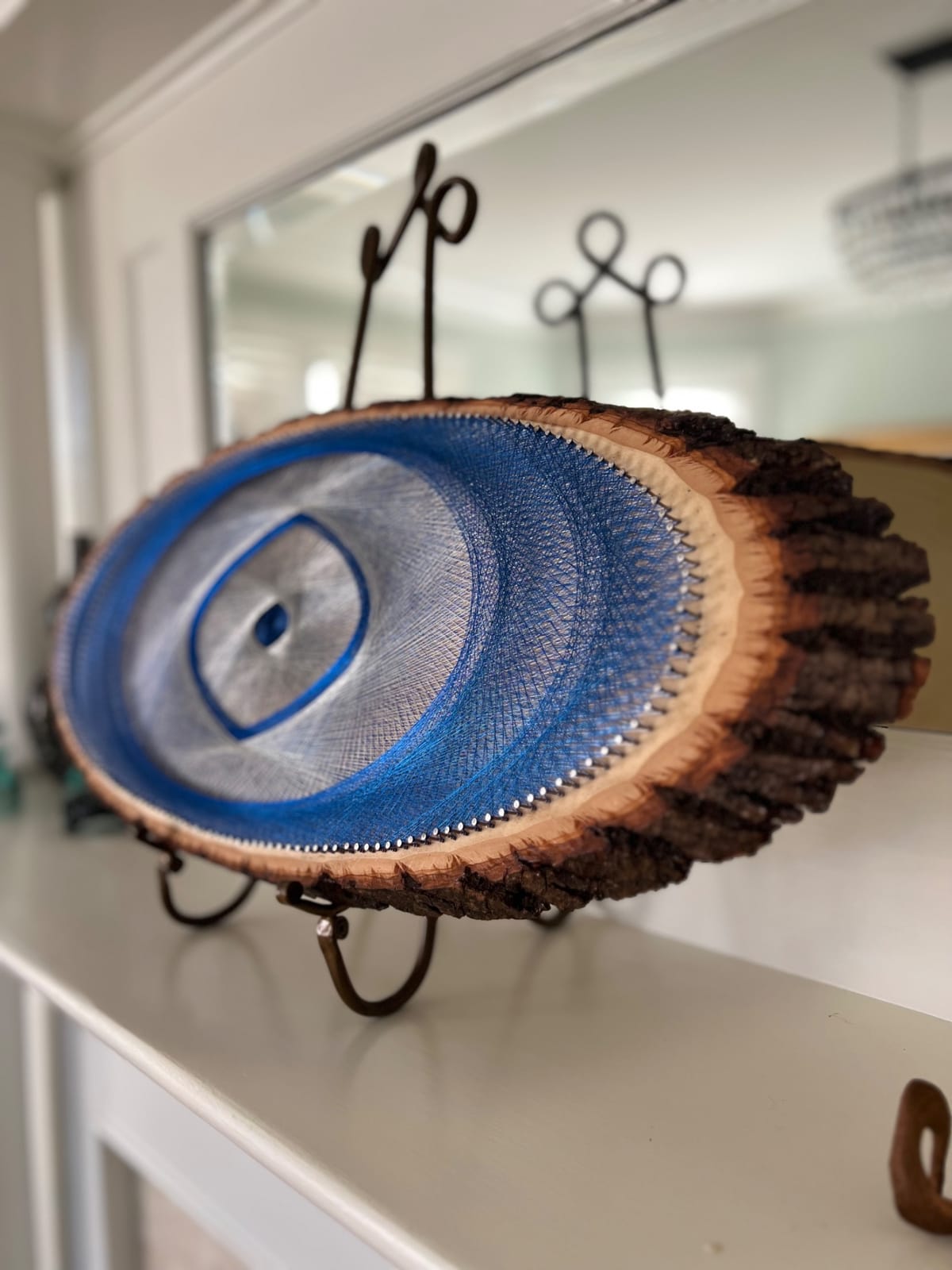 Blue Evil Eye String Art on Wood Slice, detail view 4 — handmade string art by Asja