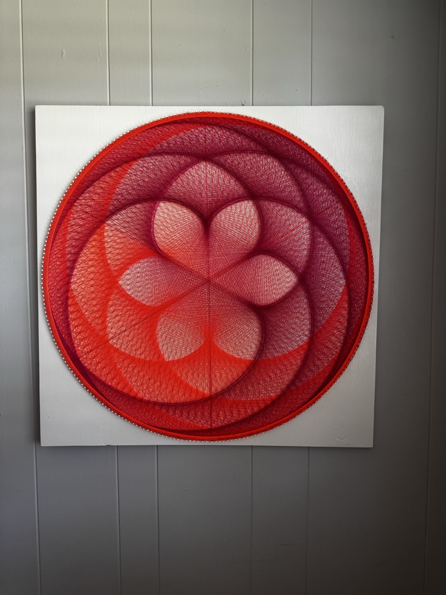 Flower of Life String Art Mandala – Magenta Orange Sacred Geometry Wall Art, Handmade Modern Boho Decor, detail view 2 — handmade string art by Asja