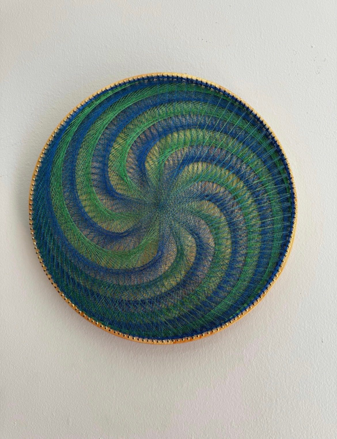 Blue Green Spiral String Art Mandala – Handmade Geometric Wall Art, Coastal Meditation Decor, detail view 2 — handmade string art by Asja